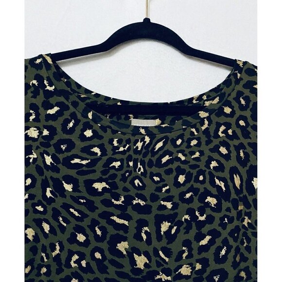 Chicos 2 Womens Large Olive Green Cheetah Print Top Cuffed Sleeve Gold Foil Boho - Picture 4 of 9